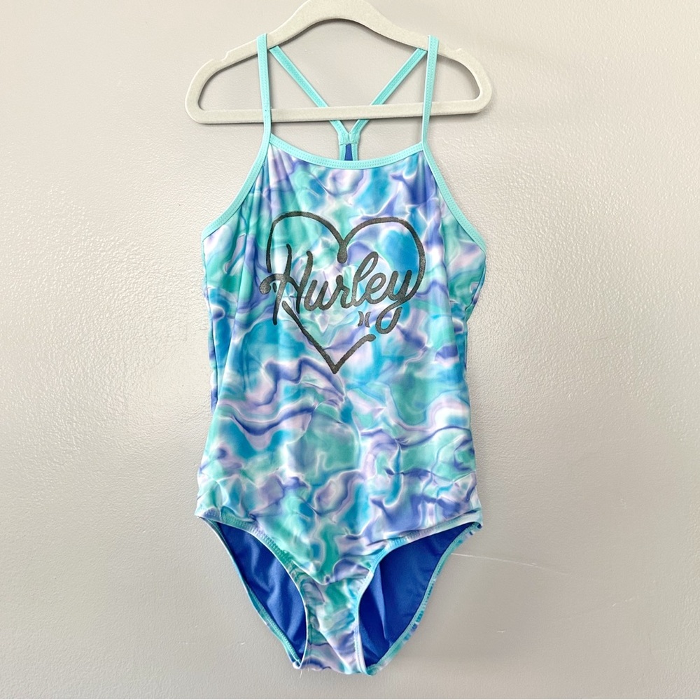 Hurley Aqua One-Piece Swimsuit Sz L 10/12